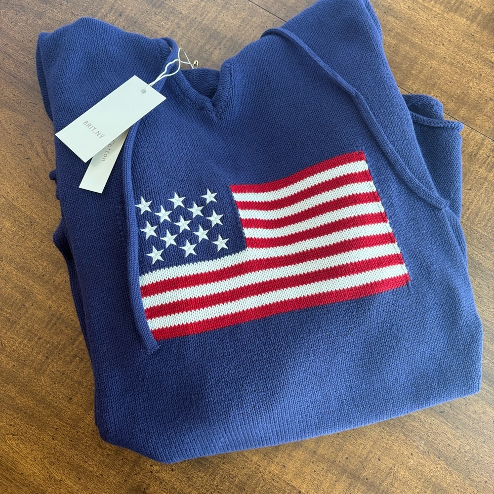Brit.ny knitted hoodie womens 1X blue with American flag NWT cl